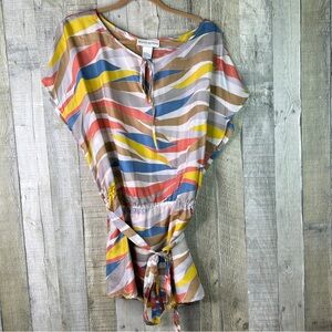 Doncaster 100% Silk 1W Multicolored Sleeveless Top Tie Neck Cinched Tie Waist